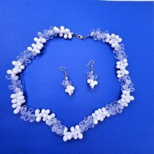 WHITE and Clear Glassy Faceted Bead Cluster Necklace and Earrings Set